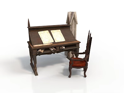 Antique Wooden Desk With Open Books And Carved Chair Near Stone Tablet 3d model
