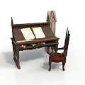 Antique Wooden Desk With Open Books And Carved Chair Near Stone Tablet