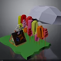 Colorful 3D Cartoon Scene With Mini House Ice Cream Pops And White Umbrella