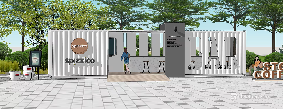 Modern Container Building Cafe With Outdoor Seating And Glass Windows 3d model