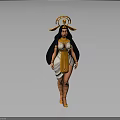 Mythical Female Character With Golden Headdress Long Black Hair And White Robe With Golden Accents