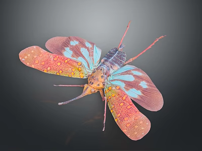 Colorful Insect With Vibrant Transparent Wings And Blue Orange Body Patterns On Dark Background 3d model