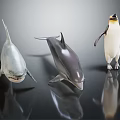 Realistic Aquatic Animals Shark Dolphin and Penguin on Black Reflective Surface
