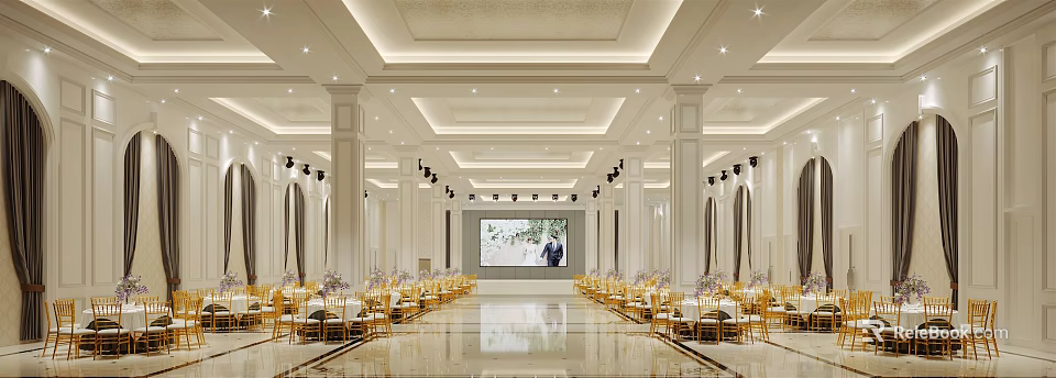 Elegant Banquet Hall With Golden Chairs Large Screen Ornate Ceiling And Marble Floor 3d model 