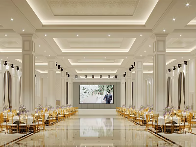 Elegant Banquet Hall With Golden Chairs Large Screen Ornate Ceiling And Marble Floor 3d model