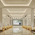 Elegant Banquet Hall With Golden Chairs Large Screen Ornate Ceiling And Marble Floor