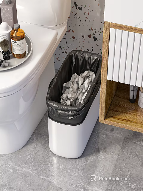Clean Public Toilet Facility With White Commode Trash Bin And Wooden Cabinet 3d model 