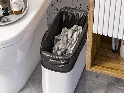 Clean Public Toilet Facility With White Commode Trash Bin And Wooden Cabinet 3d model