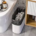 Clean Public Toilet Facility With White Commode Trash Bin And Wooden Cabinet