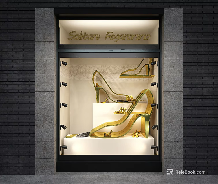 Seltors Footwear Window Display With Gold High Heels And Elegant Setup 3d model 