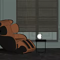 Modern Brown Black Massage Chair Interior With Gray Wall Small Table And White Spherical Lamp