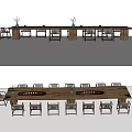 Long Natural Wood Tea Table and Chairs with Decorative Vases and Seating