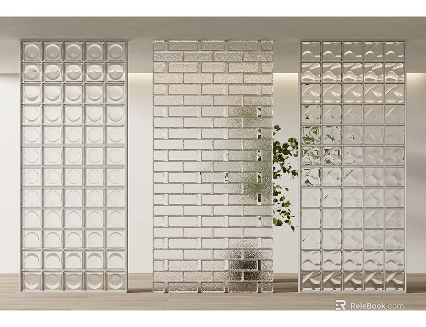 Interior Glass Block And Brick Wall Design With Green Plants 3d model