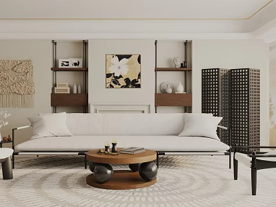 Modern Living Room Interior Design With White Sofa Wooden Coffee Table And Decorative Painting 3d model