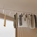 Ceiling Mounted Clothes Drying Rack With Hanging Garments Window Blinds And Wooden Panel Wall
