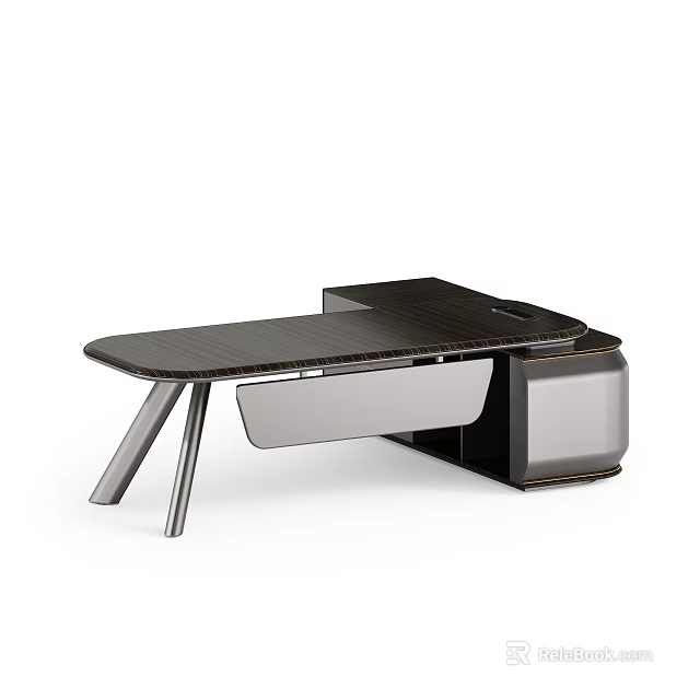 Modern Office Desk With Sleek Design Dark Wood Top Metal Legs And Storage Compartment 3d model 