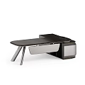 Modern Office Desk With Sleek Design Dark Wood Top Metal Legs And Storage Compartment