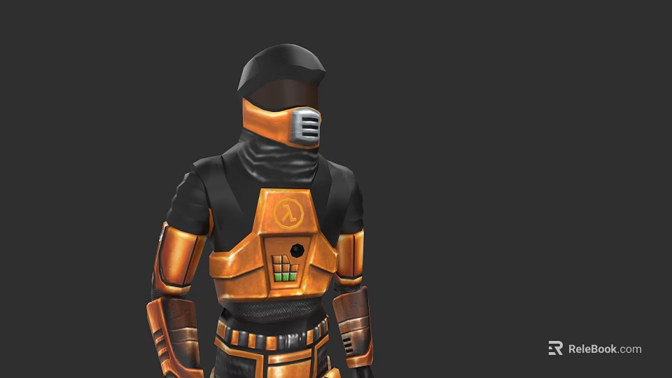 Game Movie Character in Black Orange Armored Suit With Helmet Mask Chest Emblem Design 3d model 