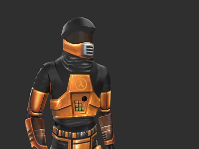 Game Movie Character in Black Orange Armored Suit With Helmet Mask Chest Emblem Design 3d model