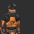 Game Movie Character in Black Orange Armored Suit With Helmet Mask Chest Emblem Design