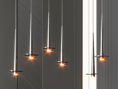 Modern Metallic Pendant Lights With Warm Glow Hanging Against Striped Wall Background 3d model
