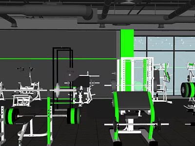 Modern Fitness Gym Interior With Multiple Workout Machines Green Accents And Large Windows 3d model