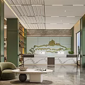 Modern Hotel Lobby Interior With Green Columns Sofas Bookshelves And Large Windows 3d model