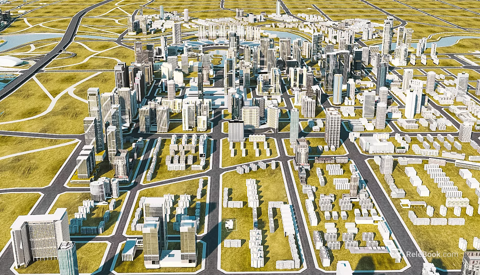 Aerial View Of Modern City Buildings With Road Networks And Urban Layout 3d model 