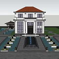 Modern Classic Detached Villa With White Exterior Fountain Stone Steps And Surrounding Trees