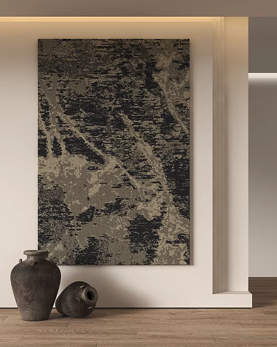 Abstract Painting With Textured Dark And Light Tones Hanging On White Wall In Modern Interior 3d model