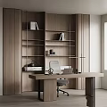 Minimalist Wooden Desk And Office Chair Set In Study Room With Bookshelf And Laptop