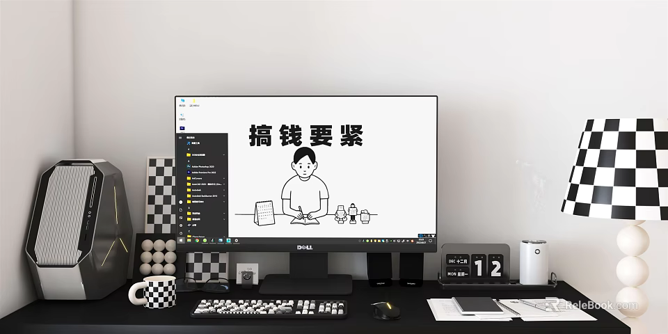 Computer Monitor Desktop Setup With Cartoon Character Text Keyboard Mouse Mug Calendar Checkerboard Items 3d model 