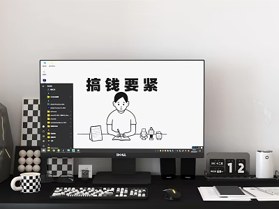 Computer Monitor Desktop Setup With Cartoon Character Text Keyboard Mouse Mug Calendar Checkerboard Items 3d model