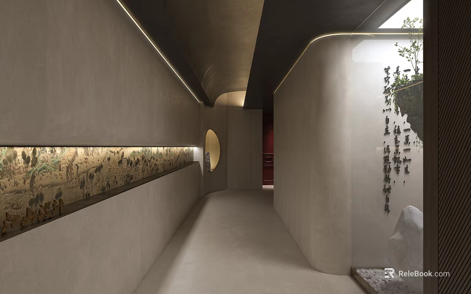 Modern Elevator Corridor With Long Art Mural And Circular Accent 3d model 