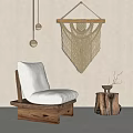 Wooden Frame Lounge Chair With Light Cushion And Macramé Wall Hanging By Wooden Stump Table