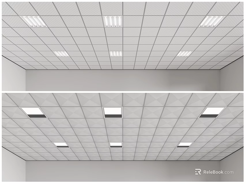 Modern Suspended Ceiling With White Grid Panels And Recessed Lights 3d model 