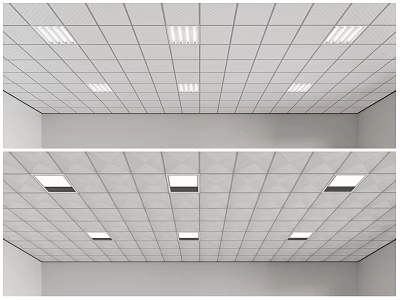 Modern Suspended Ceiling With White Grid Panels And Recessed Lights 3d model
