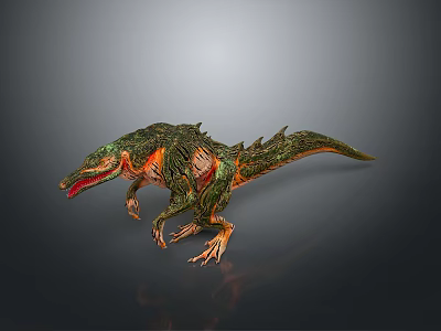 3D Rendered Mythical Dinosaur Model With Green Orange Scales Sharp Teeth Open Mouth 3d model