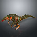 3D Rendered Mythical Dinosaur Model With Green Orange Scales Sharp Teeth Open Mouth