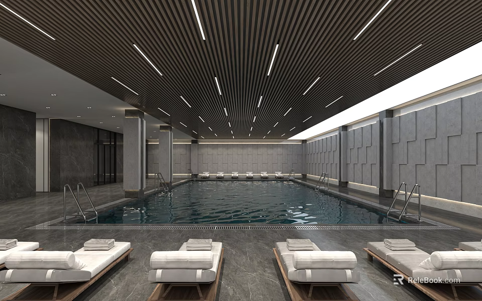 Modern Swimming Pool Area With Black Striped Ceiling Gray Walls And Lounge Chairs 3d model 