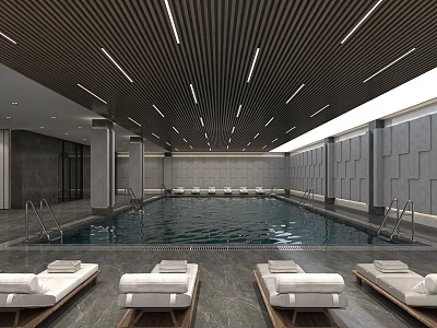 Modern Swimming Pool Area With Black Striped Ceiling Gray Walls And Lounge Chairs 3d model