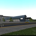 Modern Station with Sleek Architectural Design Cars on Road Green Trees and Clear Blue Sky