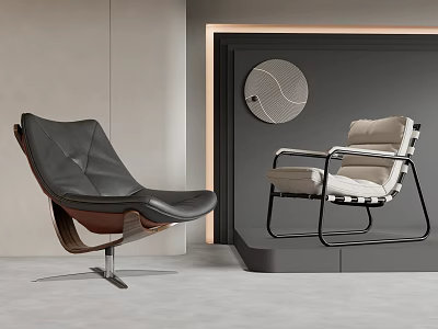 Black Leather And Beige Striped Leisure Chairs With Wooden Metal Frames In Modern Interior 3d model