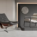 Black Leather And Beige Striped Leisure Chairs With Wooden Metal Frames In Modern Interior