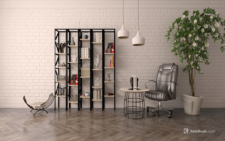 Elegant Black Decorative Cabinet With Shelves Books Gray Chair And Green Plant In Brick Room 3d model 
