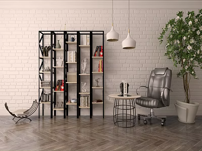 Elegant Black Decorative Cabinet With Shelves Books Gray Chair And Green Plant In Brick Room 3d model