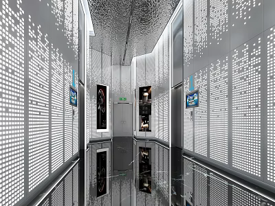 Modern Elevator Lobby Interior Design With Perforated Walls Reflective Floor And Digital Screens 3d model