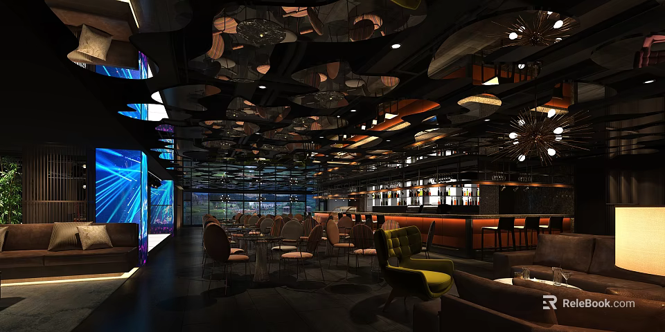 Modern Bar Interior With Open Layout Ceiling Decor Lighting Bar Counter Seating And Large Screen 3d model 