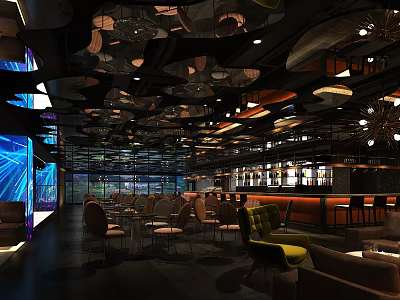 Modern Bar Interior With Open Layout Ceiling Decor Lighting Bar Counter Seating And Large Screen 3d model
