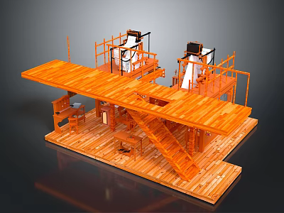 Detailed Wooden Architectural Construction Model With Scaffolding Staircase And Platforms 3d model
